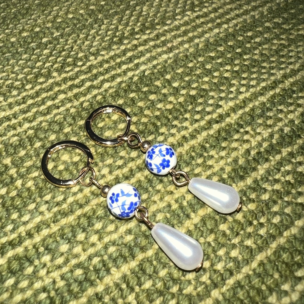 Blue and White Floral Drop Earrings